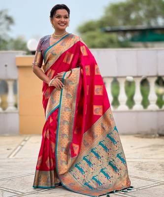 Pink woven meenakari faux banarasi silk blend saree 1