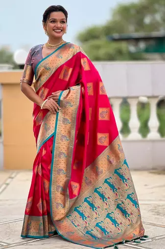 Pink color beautiful woven designer meenakari banarasi silk saree