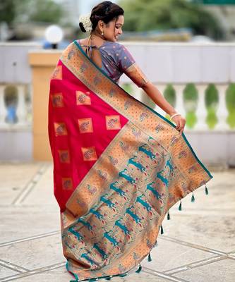 Pink woven meenakari faux banarasi silk blend saree 2