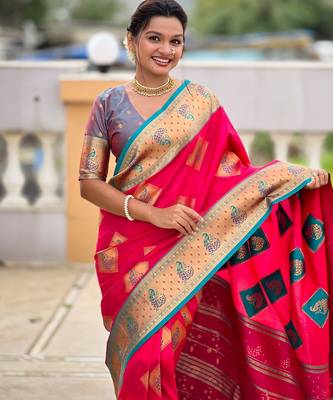 Pink woven meenakari faux banarasi silk blend saree 3