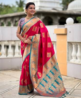 Pink woven meenakari faux banarasi silk blend saree 4