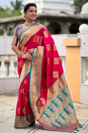 Pink woven meenakari faux banarasi silk blend saree