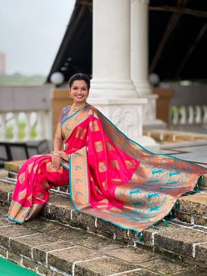 Pink woven meenakari faux banarasi silk blend saree 5