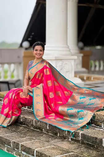 Pink woven meenakari faux banarasi silk blend saree