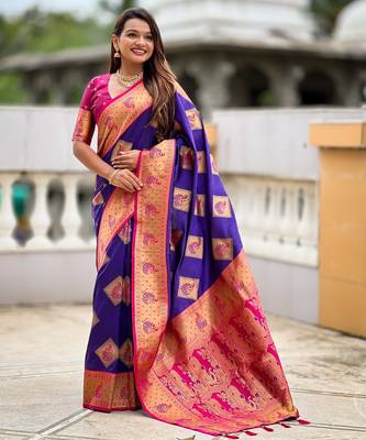 Violet woven meenakari faux banarasi silk blend saree 1