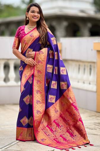 Violet color beautiful woven designer meenakari banarasi silk saree