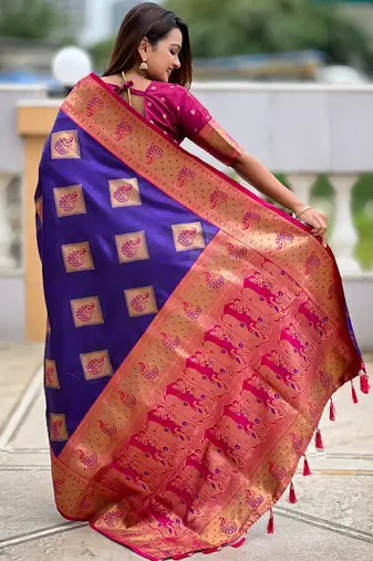 Violet woven meenakari faux banarasi silk blend saree