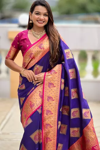 Violet woven meenakari faux banarasi silk blend saree