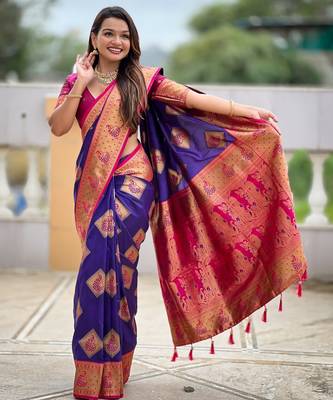 Violet woven meenakari faux banarasi silk blend saree 4