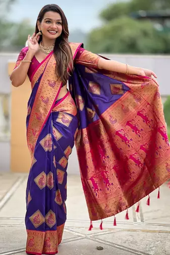 Violet woven meenakari faux banarasi silk blend saree