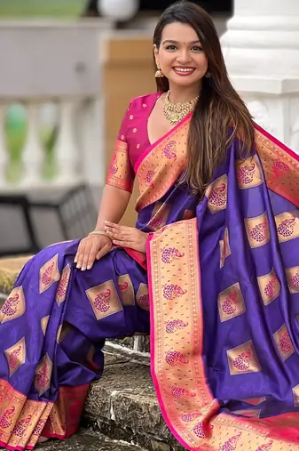 Violet woven meenakari faux banarasi silk blend saree
