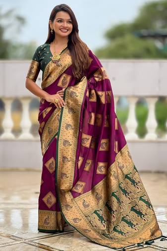 Wine color beautiful woven designer meenakari banarasi silk saree