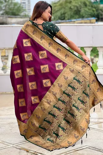 Wine woven meenakari faux banarasi silk blend saree