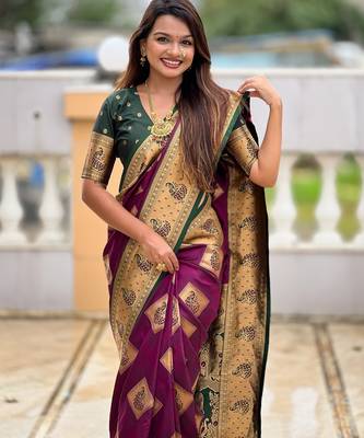 Wine woven meenakari faux banarasi silk blend saree 3