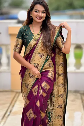 Wine woven meenakari faux banarasi silk blend saree