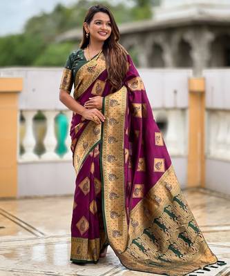 Wine woven meenakari faux banarasi silk blend saree 4