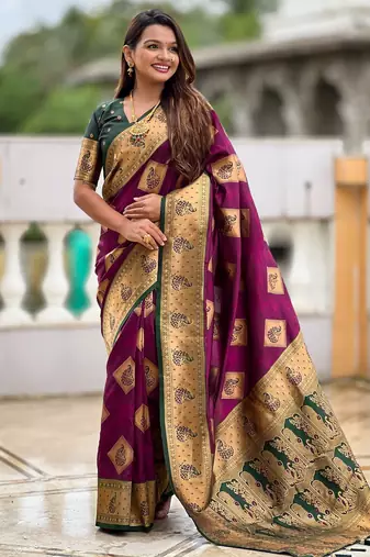 Wine woven meenakari faux banarasi silk blend saree