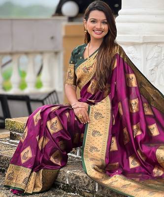 Wine woven meenakari faux banarasi silk blend saree 5