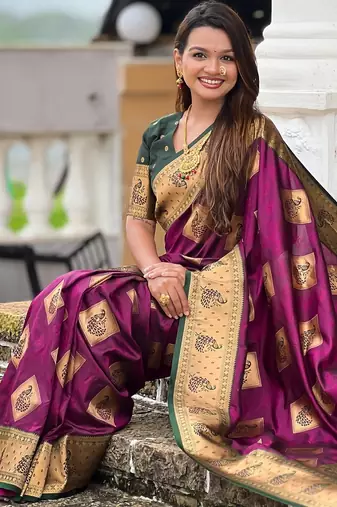 Wine woven meenakari faux banarasi silk blend saree