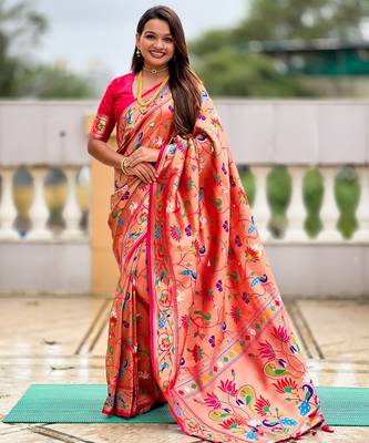 Pink kanjivaram silk blend woven graceful partywear saree 1