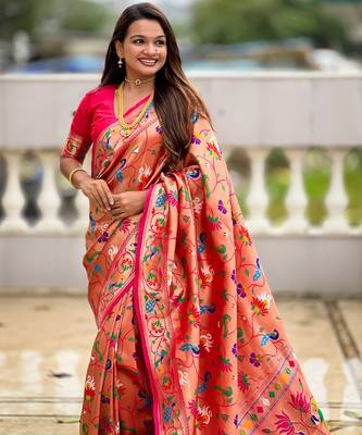 Pink kanjivaram silk blend woven graceful partywear saree 3