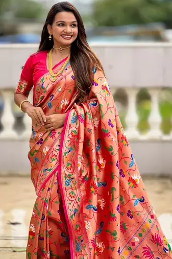 Pink kanjivaram silk blend woven graceful partywear saree