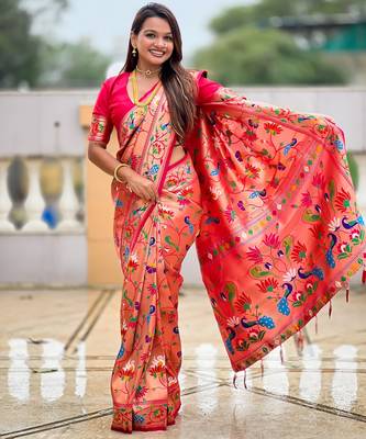 Pink kanjivaram silk blend woven graceful partywear saree 4