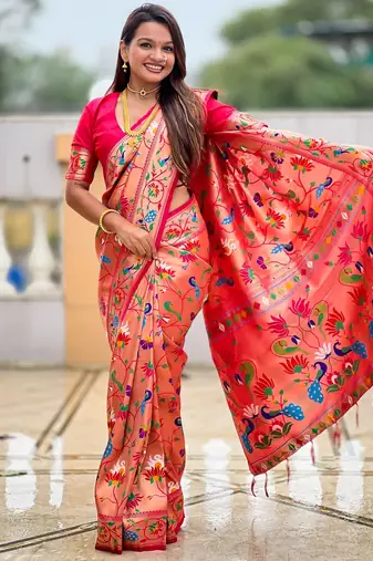 Pink kanjivaram silk blend woven graceful partywear saree
