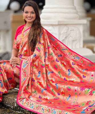 Pink kanjivaram silk blend woven graceful partywear saree 5