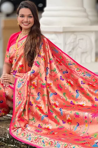 Pink kanjivaram silk blend woven graceful partywear saree