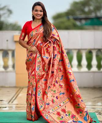 Red kanjivaram silk blend woven graceful partywear saree 1