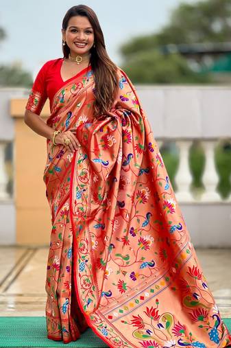 Red color kanjivaram silk woven designer graceful partywear saree