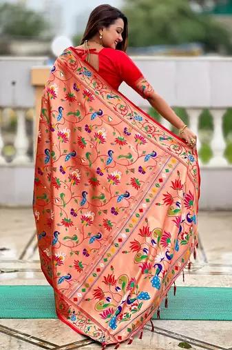 Red kanjivaram silk blend woven graceful partywear saree