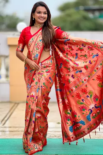 Red kanjivaram silk blend woven graceful partywear saree