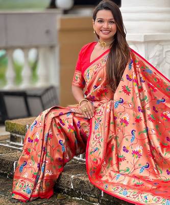 Red kanjivaram silk blend woven graceful partywear saree 5