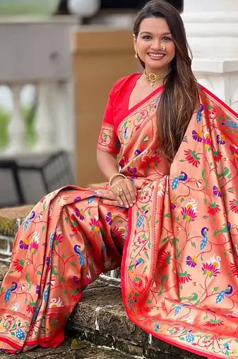 Red kanjivaram silk blend woven graceful partywear saree