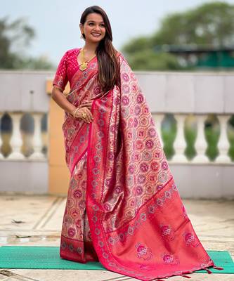 Pink kanjivaram silk blend woven graceful partywear saree 1