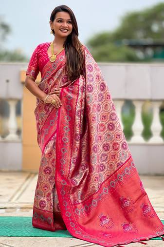Pink color kanjivaram silk woven designer graceful partywear saree