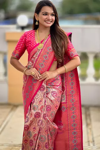 Pink kanjivaram silk blend woven graceful partywear saree