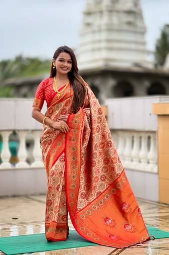 Red color kanjivaram silk woven designer graceful partywear saree