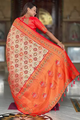 Red kanjivaram silk blend woven graceful partywear saree