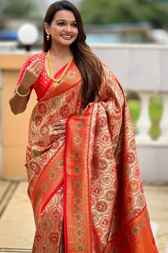 Red kanjivaram silk blend woven graceful partywear saree