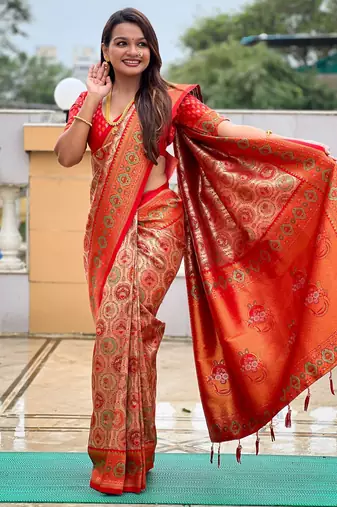 Red kanjivaram silk blend woven graceful partywear saree