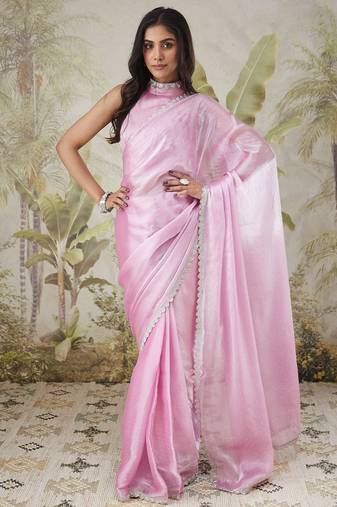 Pink color tissue fabric ready to wear bollywood style partywear saree