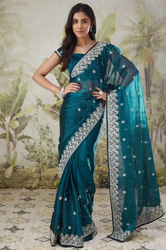 Rama color turkey fabric ready to wear bollywood style partywear saree