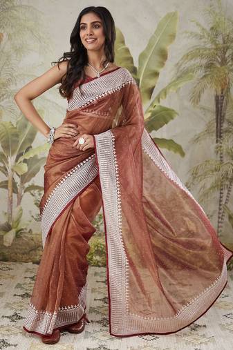 Brown color turkey fabric ready to wear bollywood style partywear saree