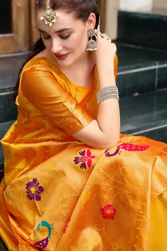 Orange silk blend woven zari ceremonial saree