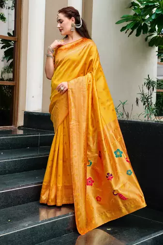 Orange silk blend woven zari ceremonial saree