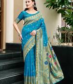 Blue color beautiful silk blended woven zari designer ceremonial saree