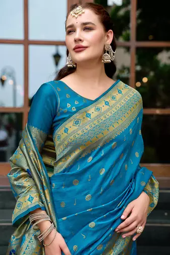 Blue silk blend woven zari ceremonial saree